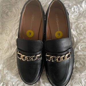 BCBGeneration Black Loafers with Gold Chain